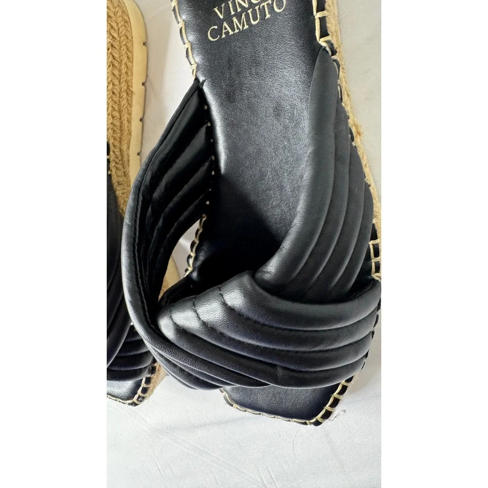 Vince Camuto Black Leather Quilted Twist Espadrille Platform Slide Sandals